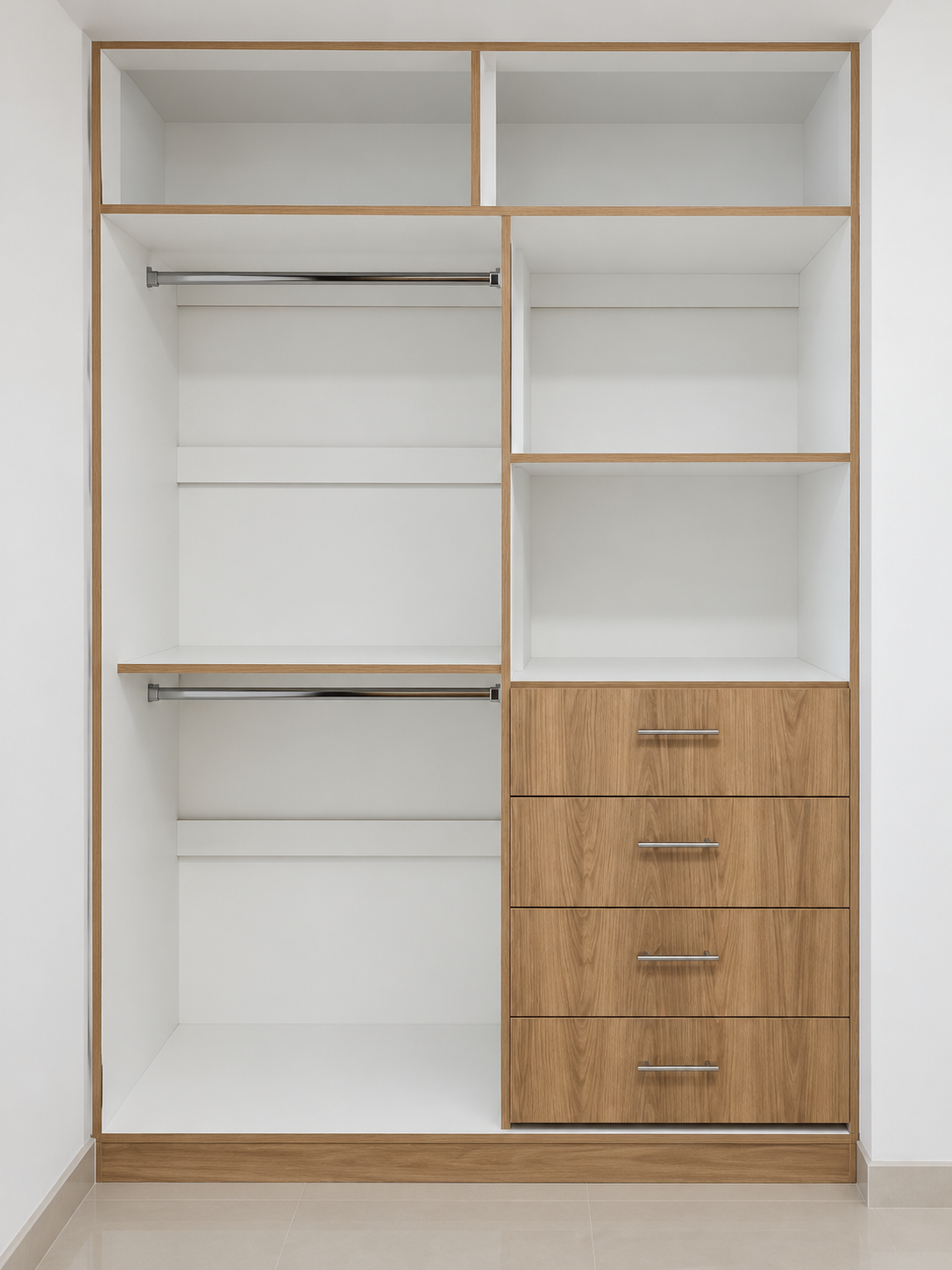 Visualización frontal de closet blanco con cajonera amaderada, basada en el trabajo real