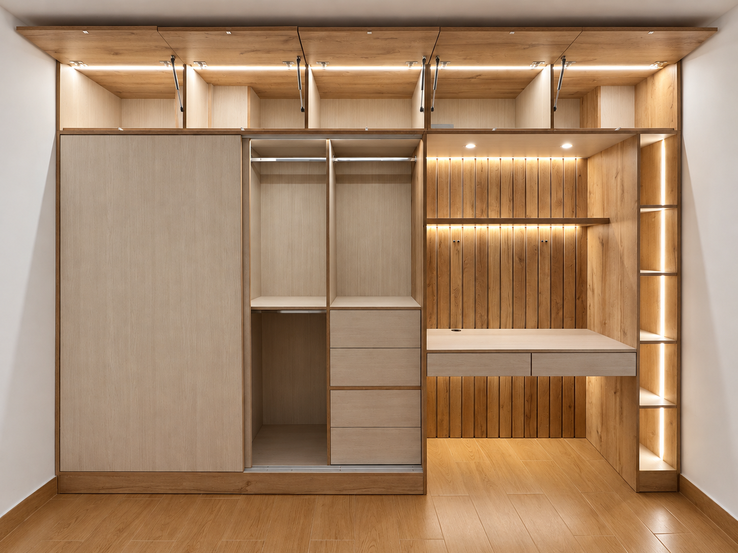 Closet en melamina con escritorio integrado, cajonera e iluminación